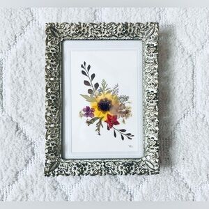 Gorgeous framed pressed flowers art ornate distressed frame gold metal fairycore